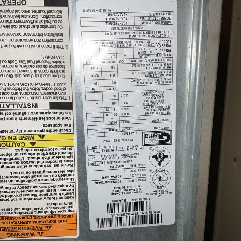 Furnace inducer fan and high limit switch label, 2005 model