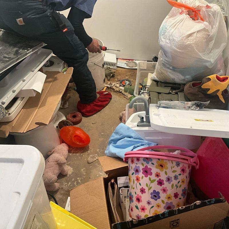 Basement unused drain capping in cluttered storage room