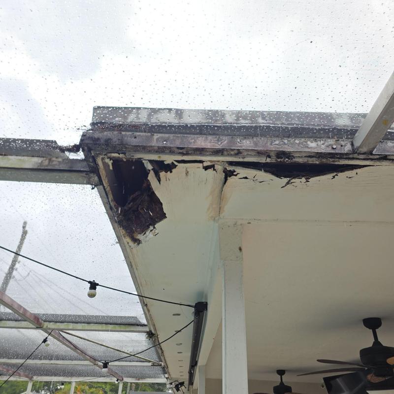 Flat roof edge with water damage and rot decay
