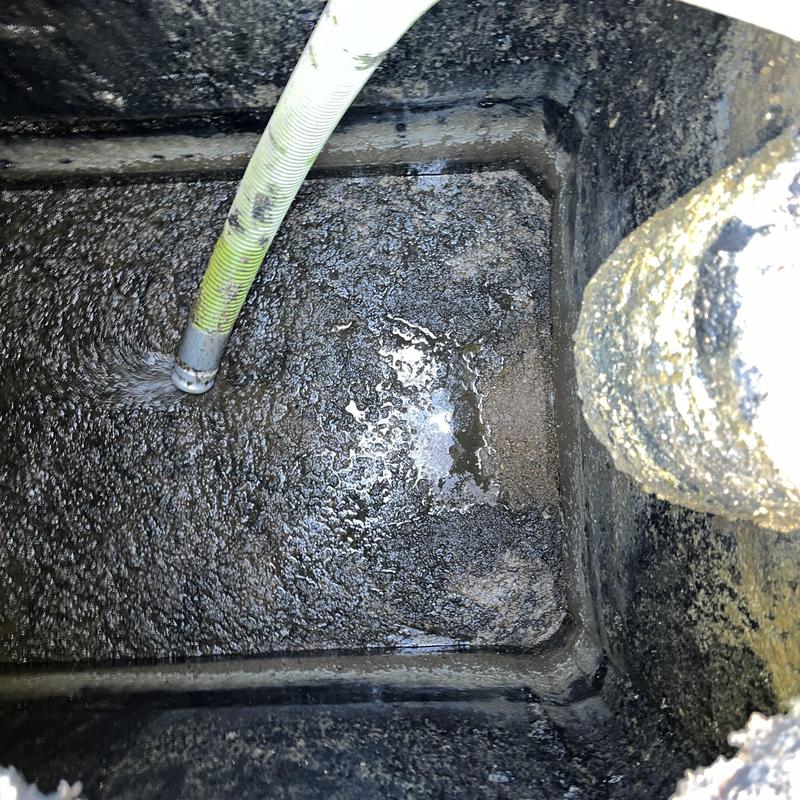 Septic tank interior with buildup and inspection hose