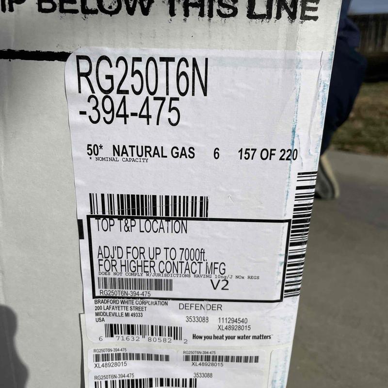 Natural gas water heater label with model RG250T6N