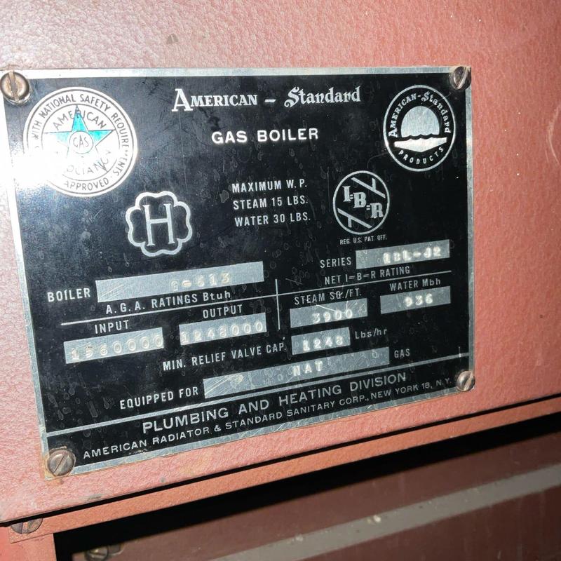 Gas boiler nameplate with pressure and capacity details