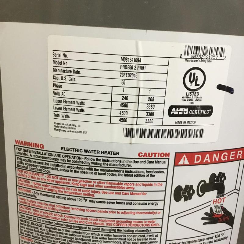 50-gallon electric water heater label and safety warnings