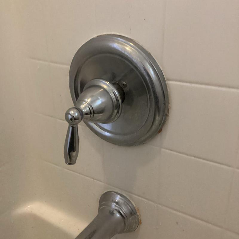 Shower valve handle and tub spout on tiled wall