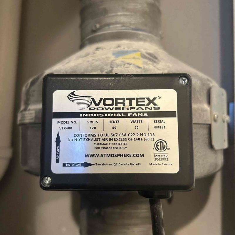 Vortex industrial fan control box on duct system