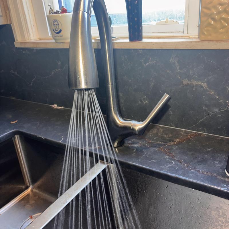 Kitchen faucet with spray head in use