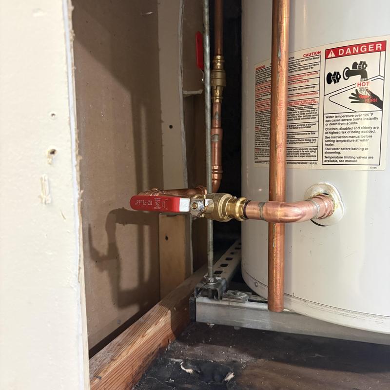 Water heater piping with new shut-off valve installation