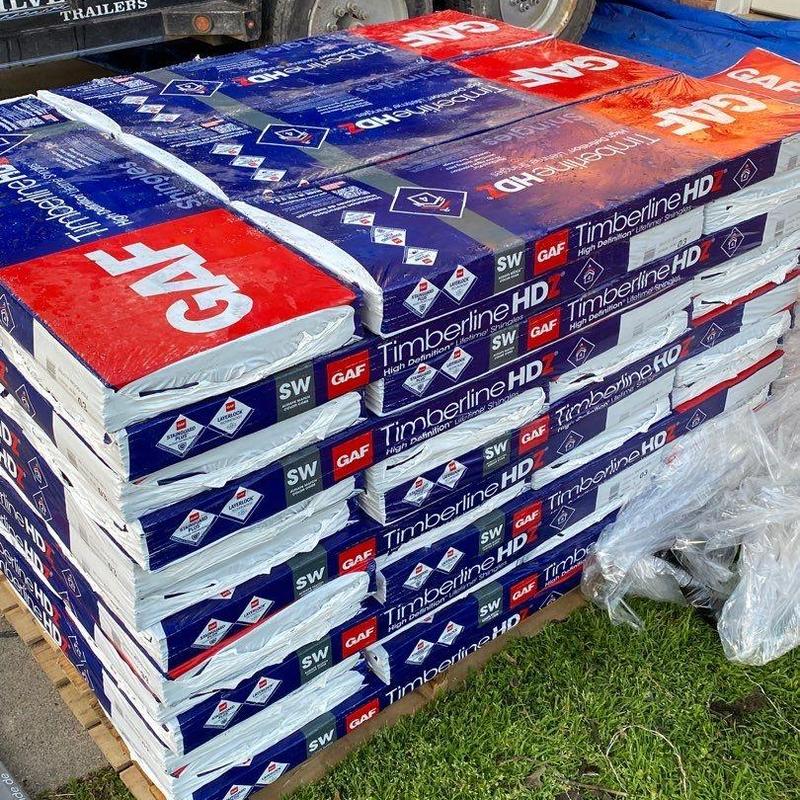 GAF Timberline HDZ roofing shingles stacked on pallet