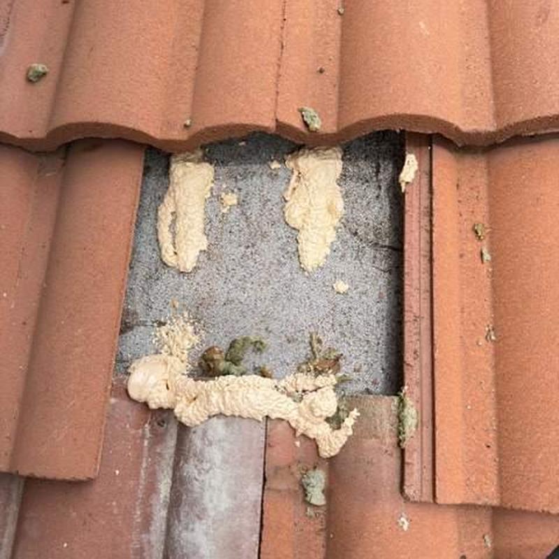 Concrete tile roof with sealant foam patching