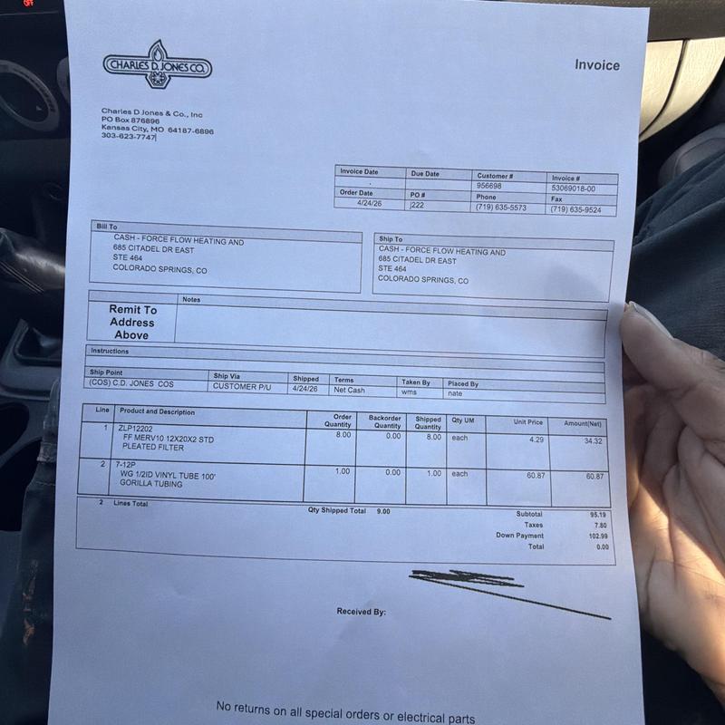 Pleated HVAC filter and vinyl tubing invoice