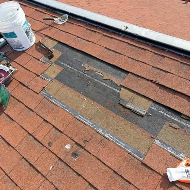 Roof shingles with damaged and missing sections on roof