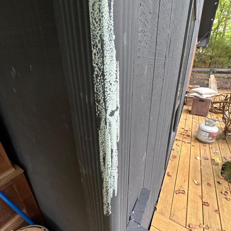 Exterior wood siding with peeling paint and discoloration