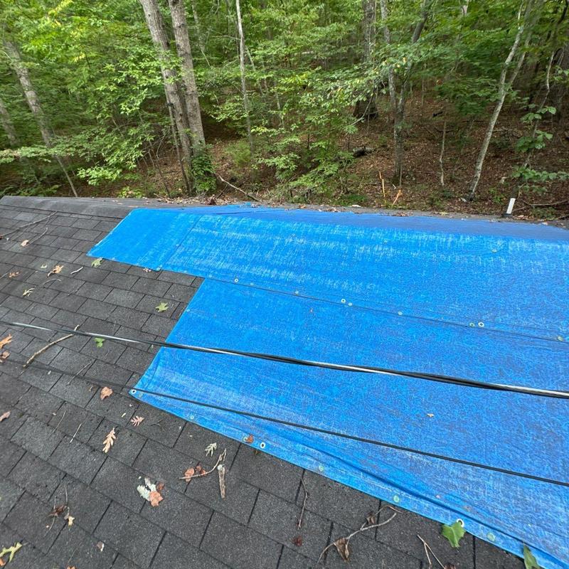 Asphalt shingle roof with blue tarp covering damage