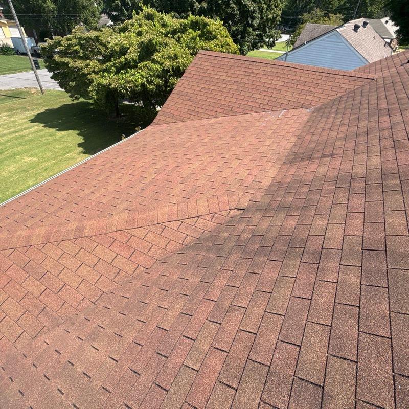 Asphalt roof shingles with hail damage and wear