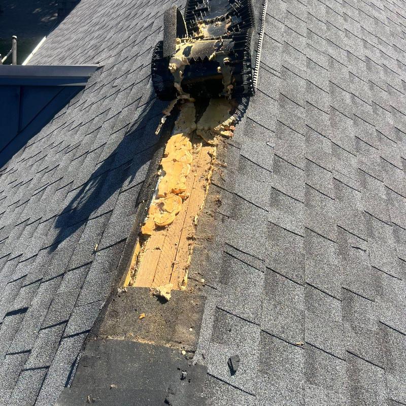 Roof ridge vent removed with exposed decking and foam sealant