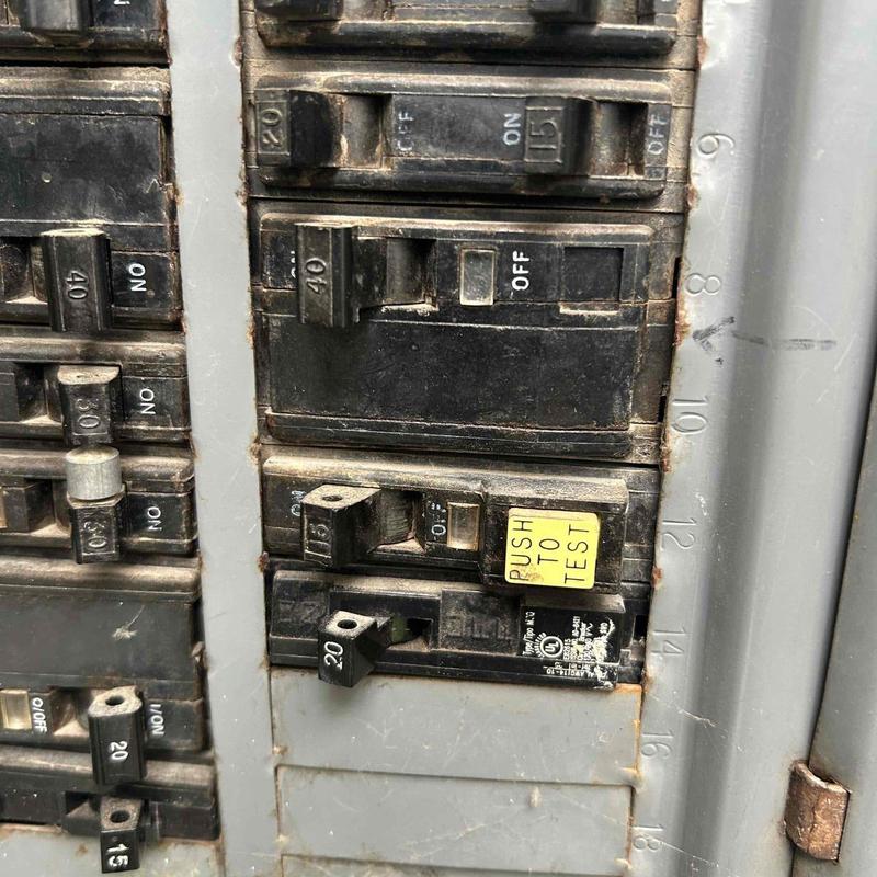 Bathroom electrical circuit breaker panel close-up