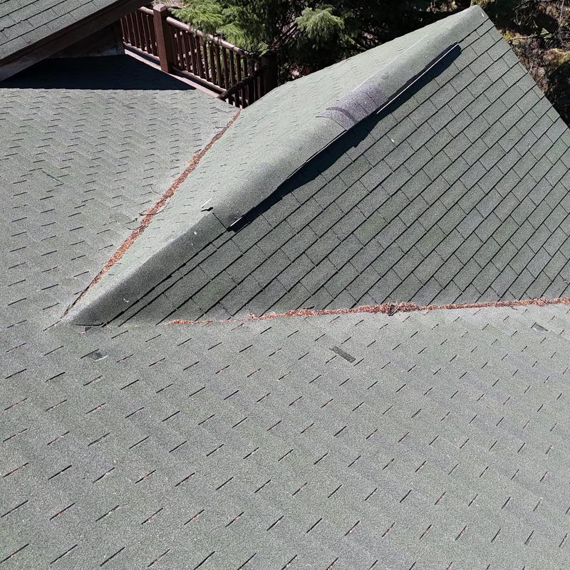 Asphalt shingle roof ridge with debris buildup