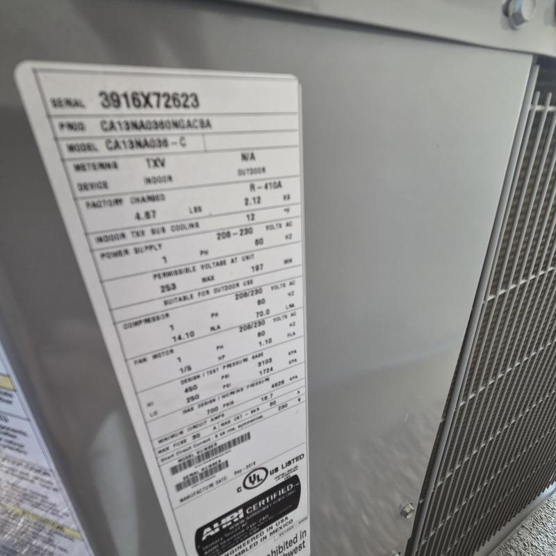 Air conditioner unit model CA13NA036 label details