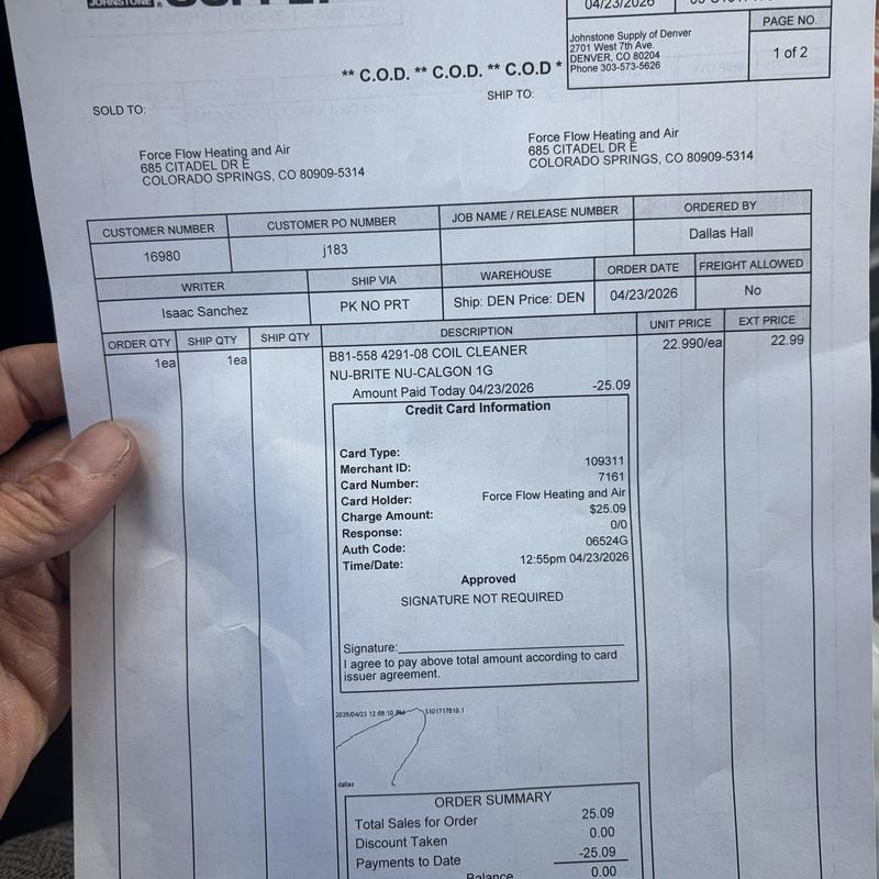 Coil cleaner purchase receipt for HVAC service