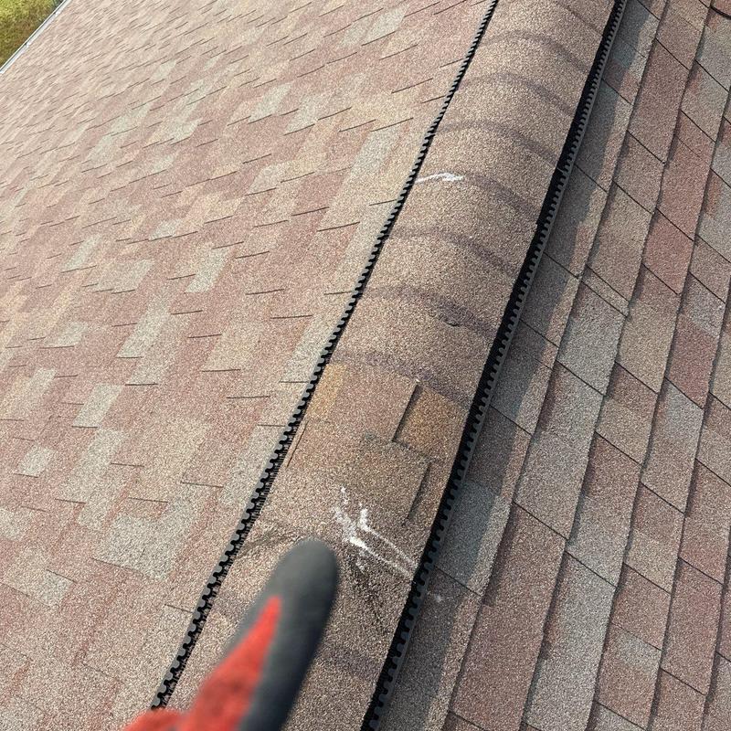 Asphalt shingle ridge with hail impact marks