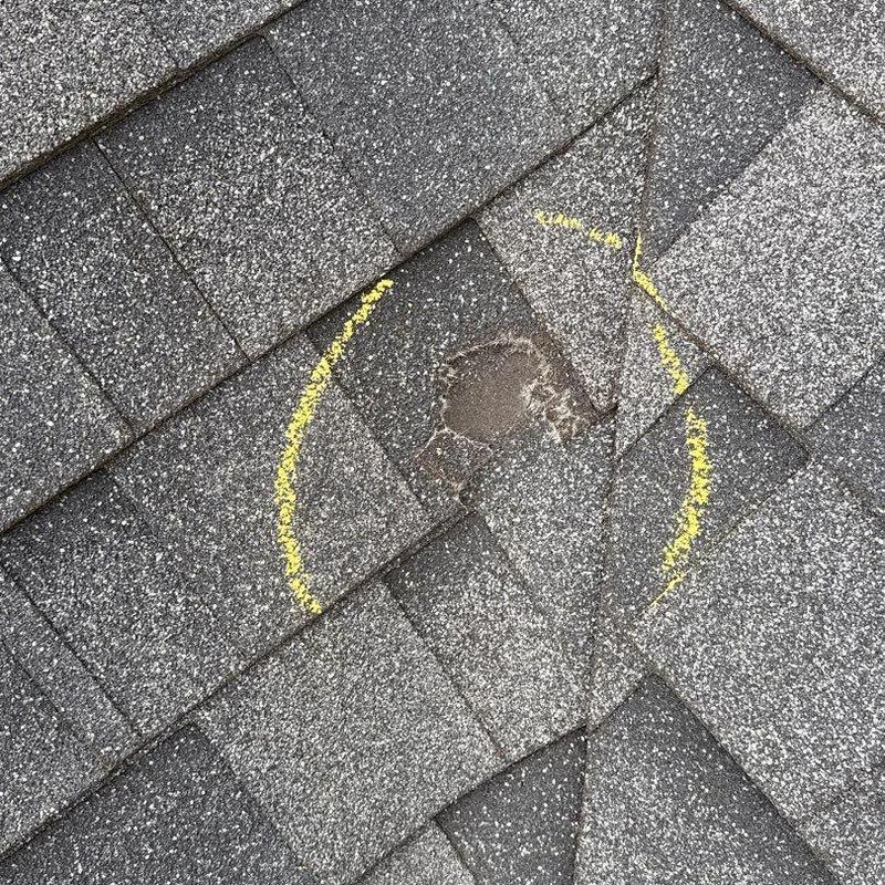 Asphalt roof shingle hail impact damage marked for repair