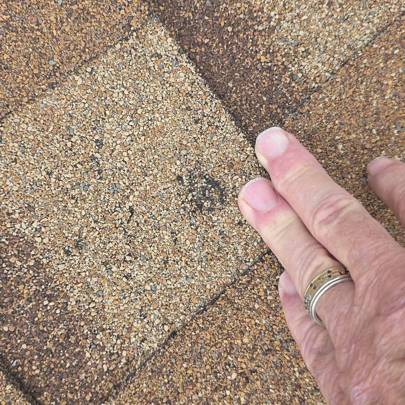Asphalt roofing shingle with hail damage close-up