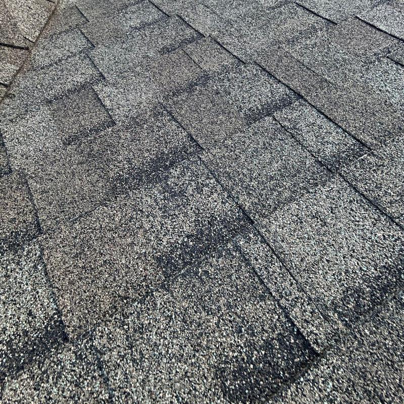 Asphalt roof shingles showing hail damage spots