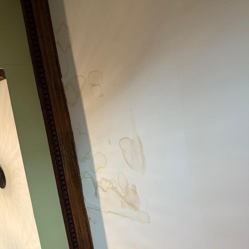 Drywall water stains near wooden trim on ceiling