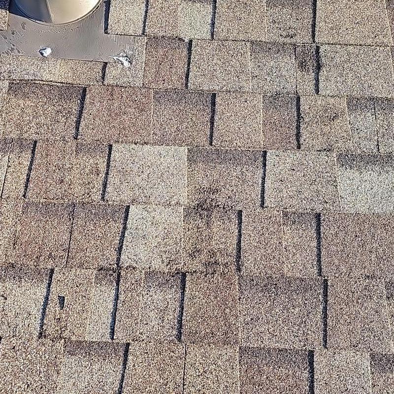 Shingle roof with visible hail damage near vent pipe Shingle roof with visible hail damage near vent pipe