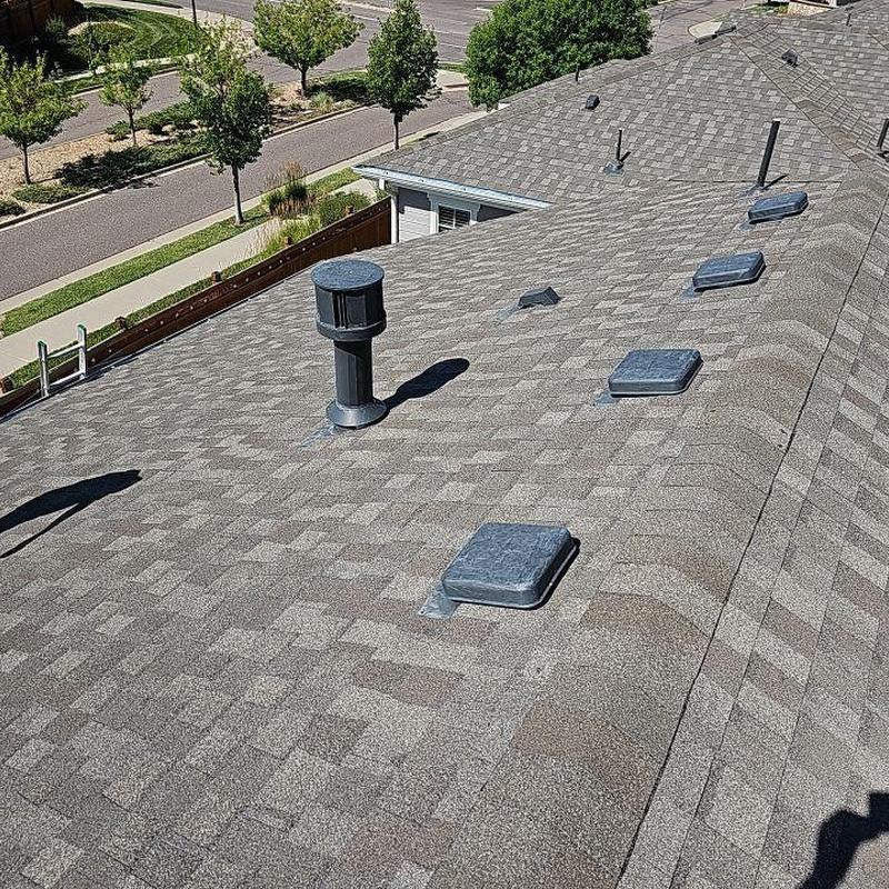 Asphalt shingle roof with vent and skylight covers Asphalt shingle roof with vent and skylight covers