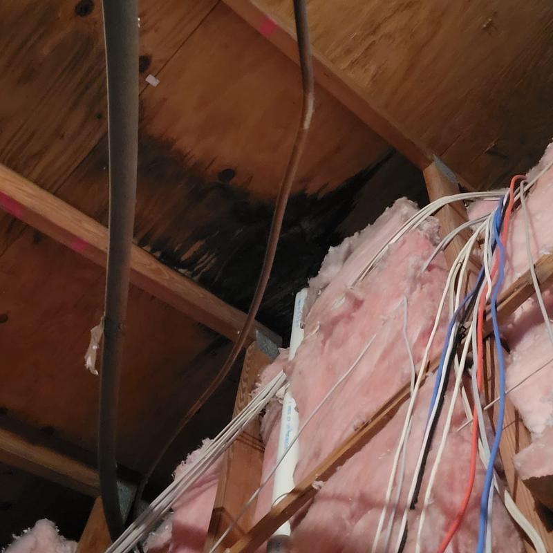 Roof decking with water damage and insulation exposed