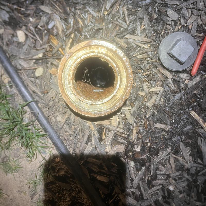 Cast-iron mainline cleanout with debris buildup outdoors