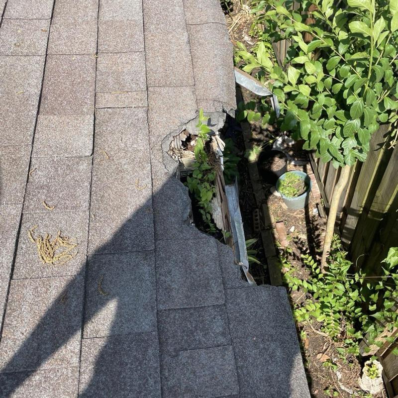 Asphalt shingle roof with missing and damaged sections