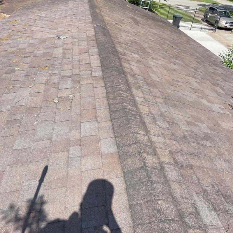 Asphalt shingle roof with visible damage and debris buildup