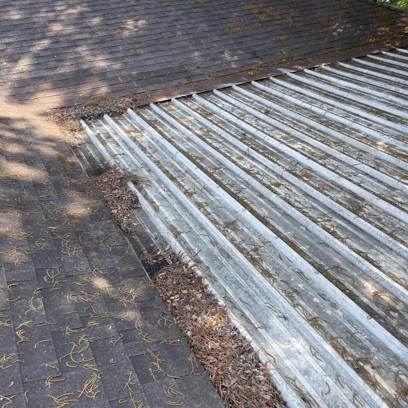 Metal roof section with debris and shingle damage