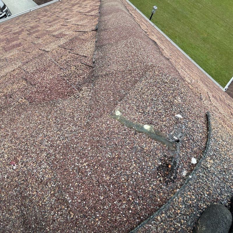 Shingle roof hail damage near ridge flashing