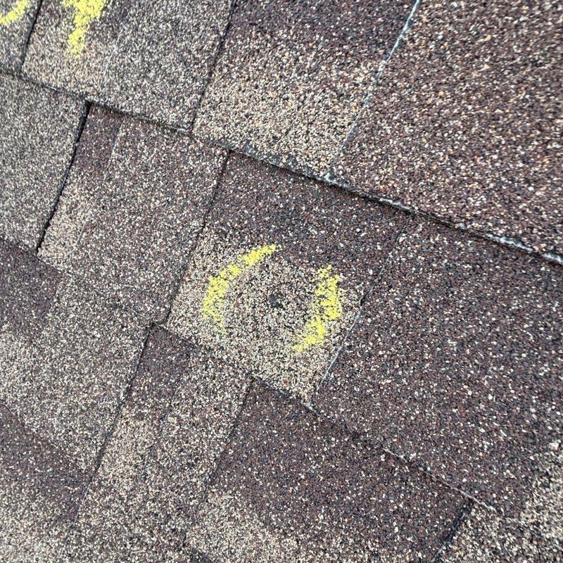 Asphalt roof shingles with hail damage markings