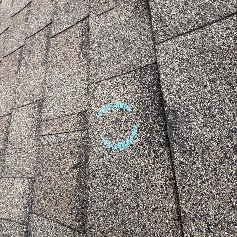 Roof shingles with hail damage marked in blue