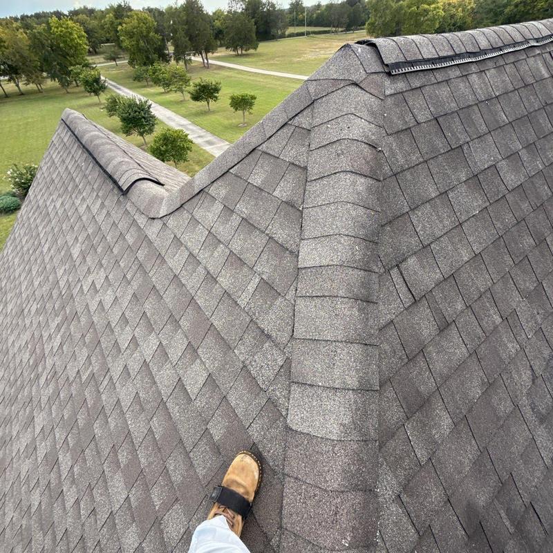 Asphalt shingle roof with ridge cap and hail damage