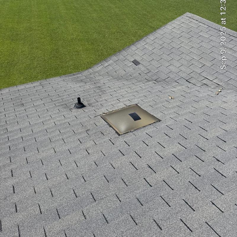 Roof shingles with skylight and vent flashing damage