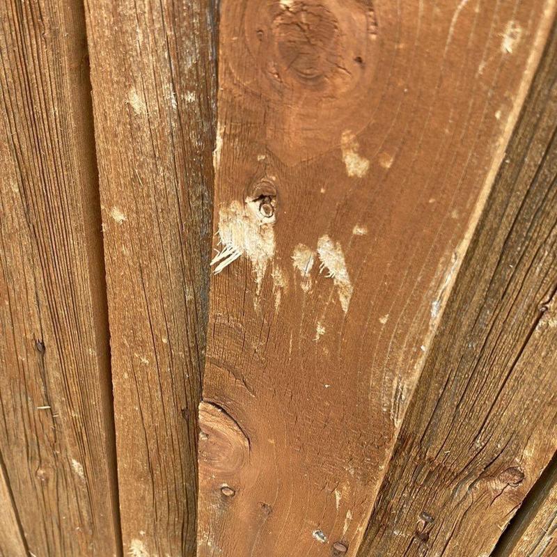 Wooden fence boards with hail damage close-up