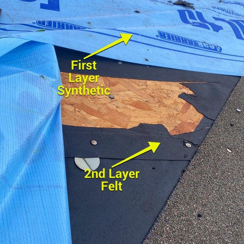 Roof underlayment layers showing synthetic and felt materials