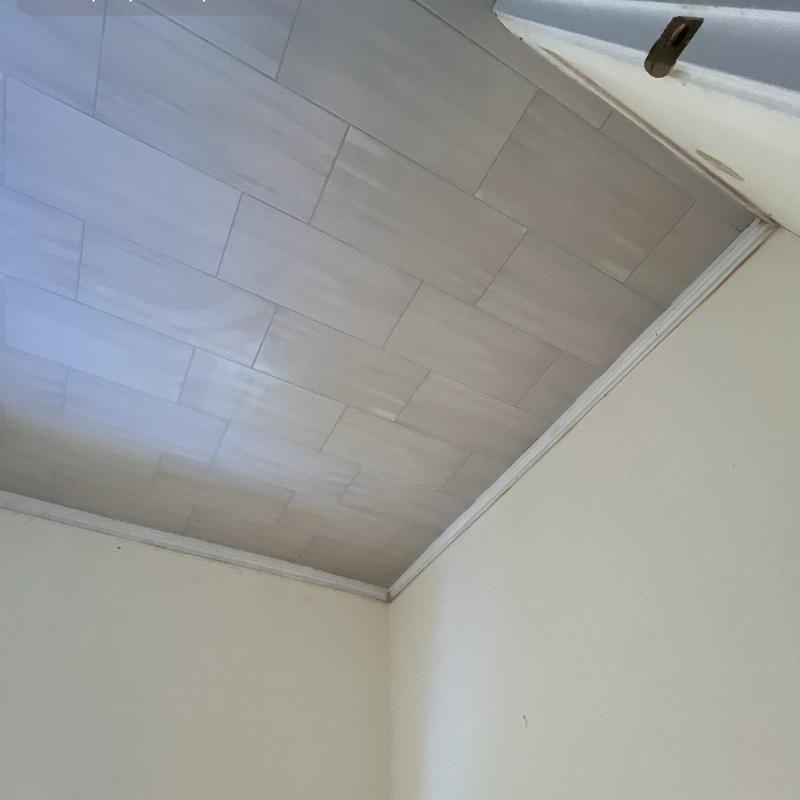 12x24 cream Ciudad tile ceiling installation corner view