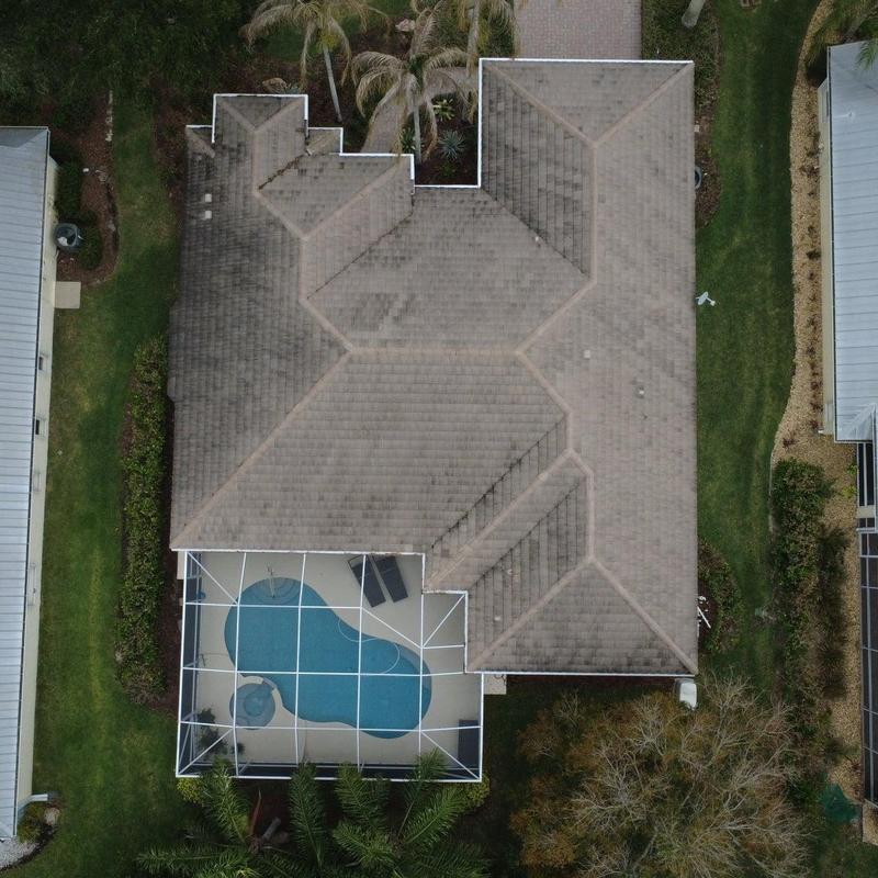 Clay tile roof aerial inspection with pool enclosure