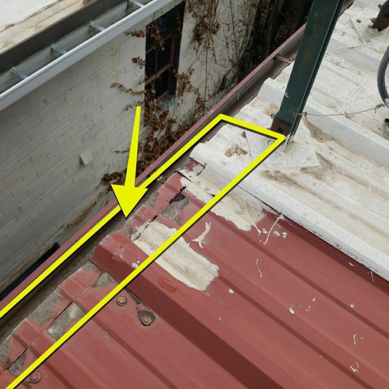 Metal roof with damaged ridge cap and flashing issues Metal roof with damaged ridge cap and flashing issues