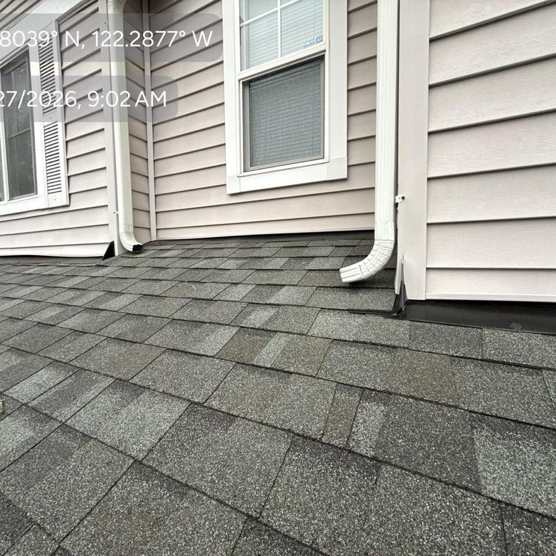 Asphalt shingle roof with downspouts and siding junction