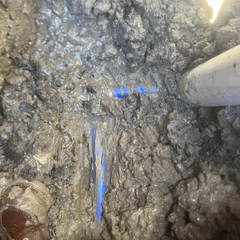 Water main poly pipe exposed in muddy trench