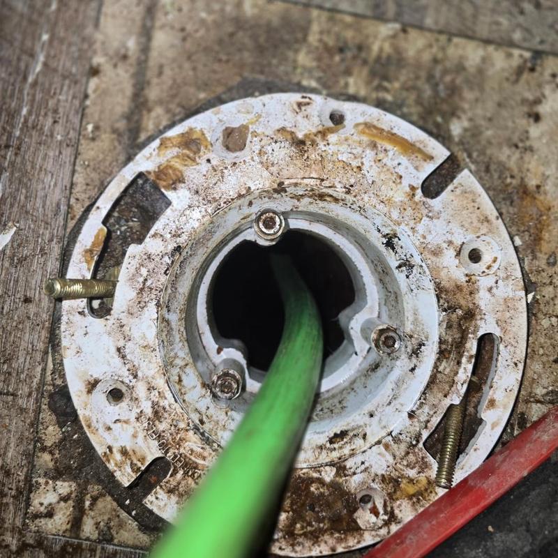 Toilet flange with green jetter hose cleaning main line