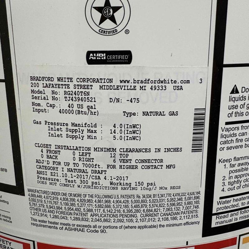 Bradford White natural gas water heater label