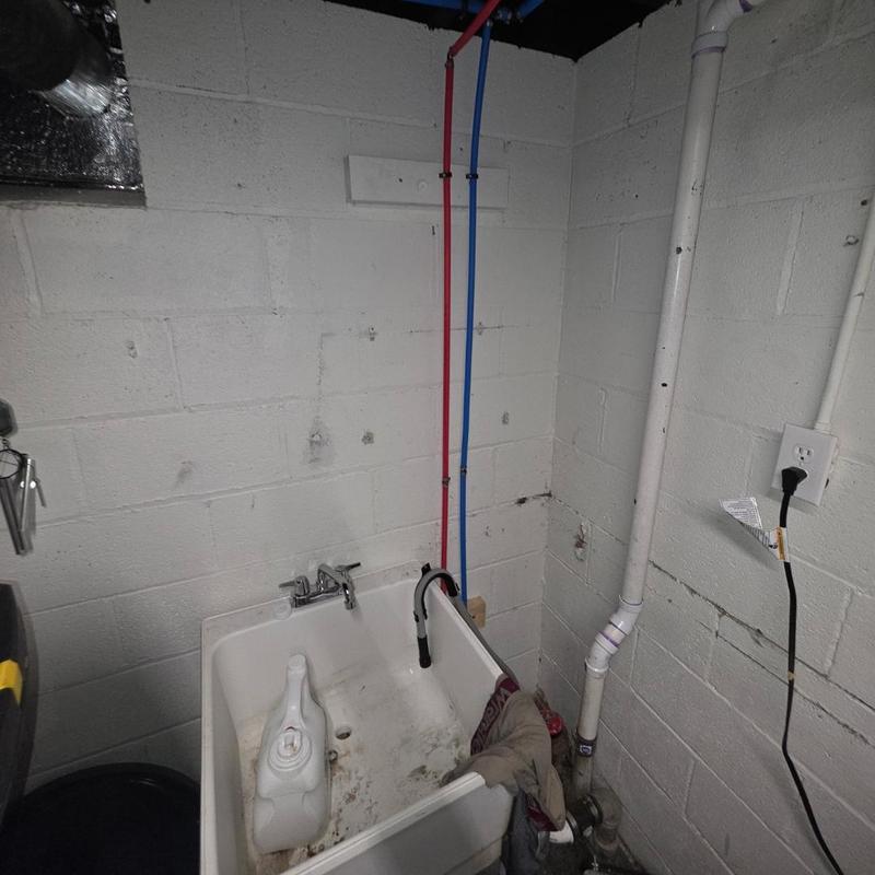 Utility sink plumbing with red and blue supply lines